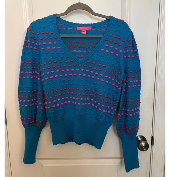 Lilly Pulitzer Dopamine Dressing Robena V-Neck M sweater Teal Bay striped bobble - Picture 3 of 9